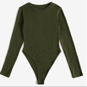 Olive Green Ribbed Long Sleeve Bodysuit